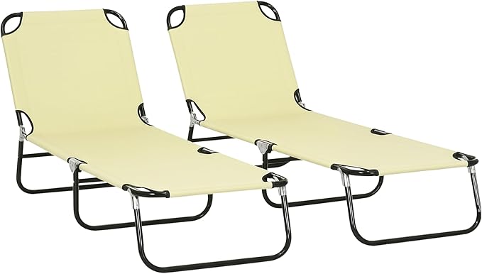 Outsunny 2 Piece Folding Chaise Lounge Pool Chairs, Outdoor Sun Tanning Chairs with 5-Level Reclining Back, Steel Frame for Beach, Yard, Patio, Beige