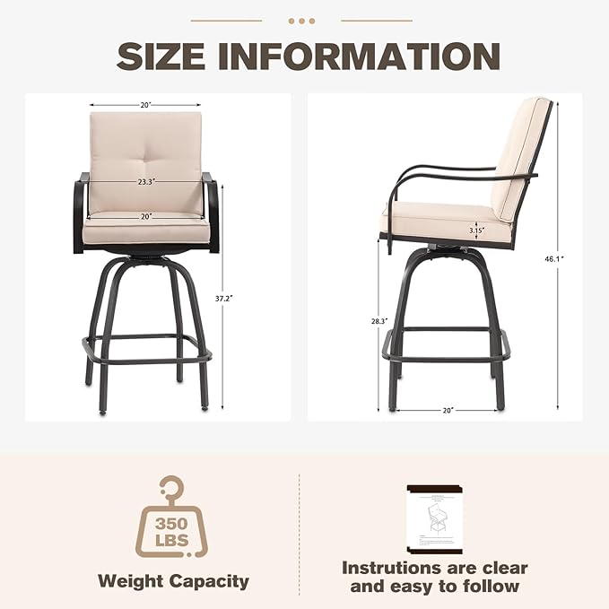 Outdoor Swivel Bar Stools Set of 2,Bar Height Patio Chairs with Cushions and High Backrest, All Weather Patio Bar Stools Furniture for Bistro Lawn, Pool, Garden and Backyard,Light Brown