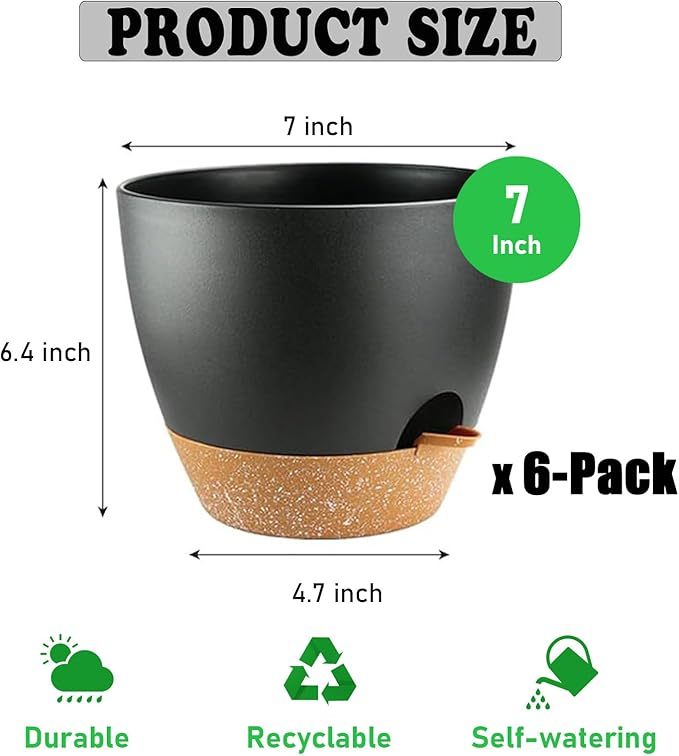 6-Pack Plant Pots with Drainage 7 Inch, Self Watering Pots for Indoor Plants, Planters for Indoor Outdoor Plants, Plastic Flower Pot, Planter for Indoor Outdoor (Black)