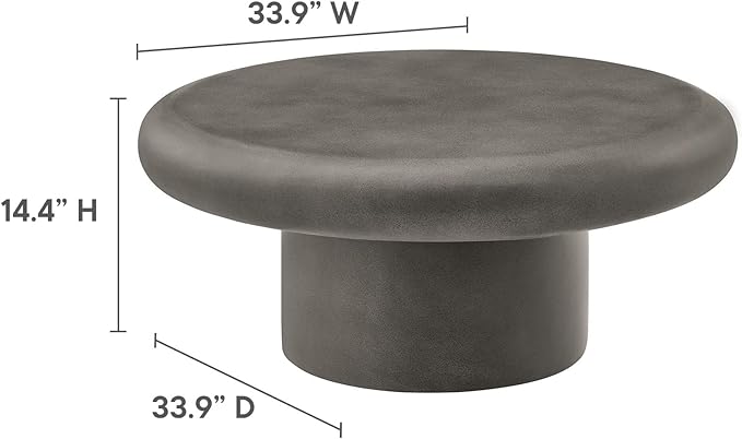 Modway Argos Round Concrete Coffee Table in Gray - Cement Low Coffee Table for Sitting on The Floor - Weather Resistant Stone Patio Coffee Table - Indoor Outdoor 34 Inch Center Table