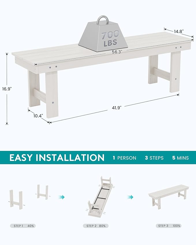 SERWALL 2-Person Outdoor Bench Backless, HDPE Outdoor Benches Weatherproof, 700 Lbs Weight Capacity, Poly Lumber Patio Furniture for Garden, Porch and Park, White, 2 Pack