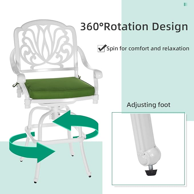 VIVIJASON 3-Piece Patio Swivel Bar Stools Set, All Weather Cast Aluminum Outdoor Bar Height Bistro Set with 2 Cushioned Bar Chairs & 31" High Bar Table w/Umbrella Hole for Backyard, Lawn, White