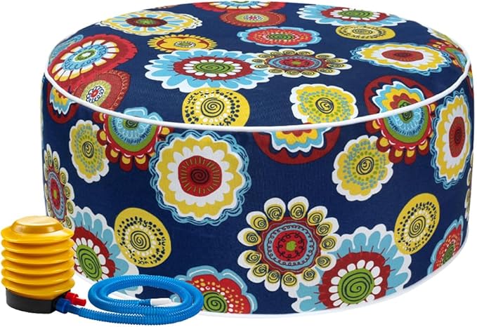 Magpie Fabrics Indoor/Outdoor Inflatable Stool Ottoman Pouf, Water Repellent Round Footrest Footstool with Foot Pump D20 xH9, Portable for Patio Garden Camping or Home, Floral Navy