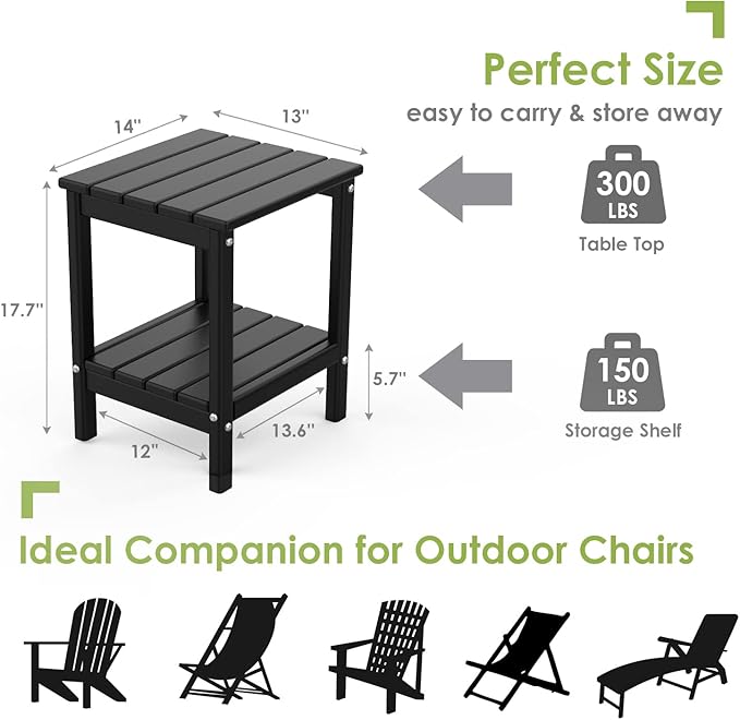 GREENVINES Adirondack-Outdoor-Side-Table | Set of 2 | 14 x 13 Inches | HDPE Plastic | All Weather | Black | Outside End Tables | Storage Shelf | for Patio Porch Backyard Indoor