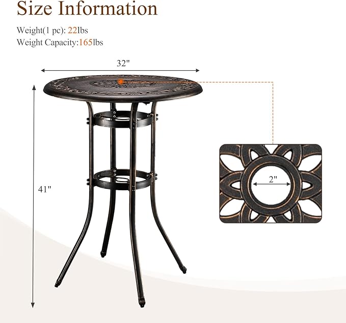 VINGLI Outdoor Bar Table, Cast Aluminum Bar Height Patio Table with Umbrella Hole, Patio Dining Table Tall Bistro Table Outdoor Furniture for Garden Porch Yard and Balcony 32" Dia x 41 H (Bronze)…