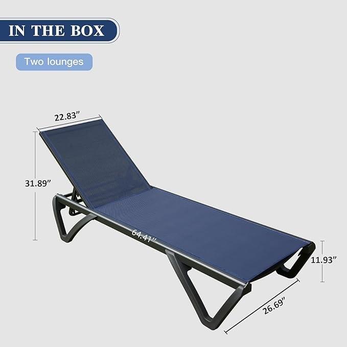 Domi Pool Lounge Chairs Set of 2, Aluminum Adjustable Outdoor Chaise Lounge with Wheels, All Weather Poolside Chairs for Deck Lawn Patio Backyard, Textilene - Navy Blue