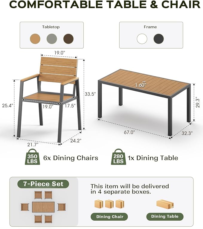 67" HDPS Outdoor Patio Dining Table, Aluminum-Edged Outdoor Dining Table with Umbrella Hole, Weather-Resistant for Lawn, Garden, Poolside and Indoor Use, Gray&Teak