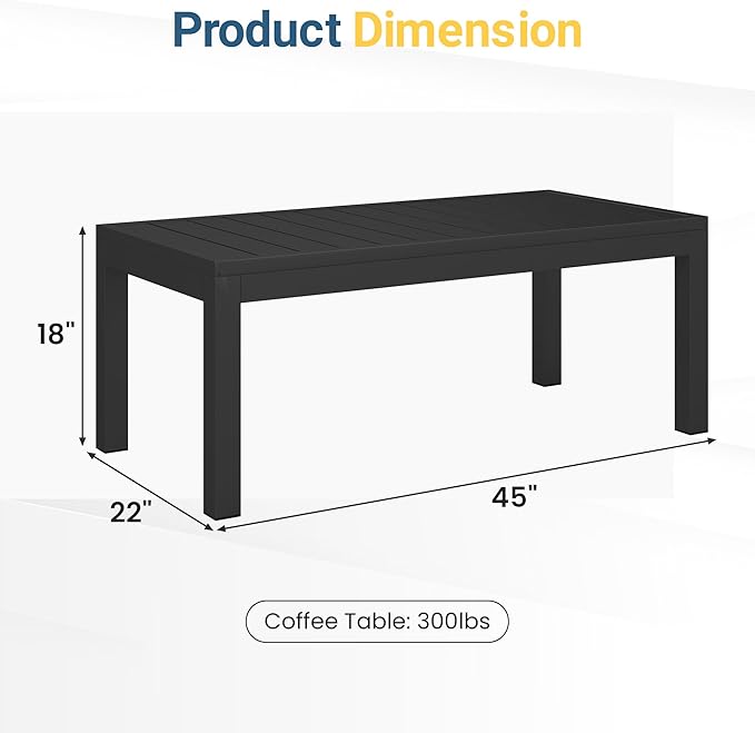 Wisteria Lane Aluminum Outdoor Coffee Table, Water-Resistant Metal Patio Side Table with Slatted Top, Modern Rectangular Outdoor Coffee Tables for Deck Porch Garden Poolside, Black