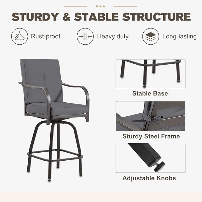 Outdoor Swivel Bar Stools Set of 4,Bar Height Patio Chairs with Cushions and High Backrest, All Weather Patio Bar Stools Furniture for Bistro Lawn, Pool, Garden and Backyard,Gray
