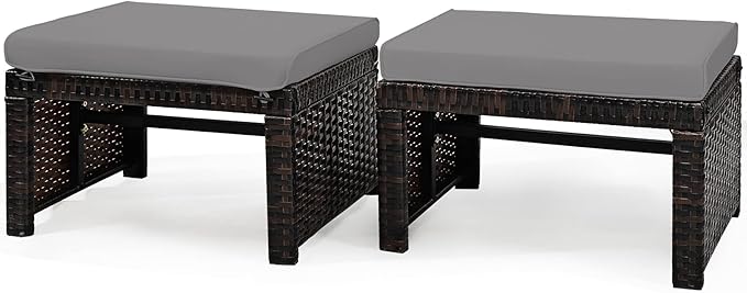 Tangkula 2 Pieces Patio Rattan Ottomans, All Weather Outdoor Footstool Footrest Seat with Soft Cushion, Hidden Zipper, High-Density Sponge, Wicker Ottoman Seat for Patio, Garden, Poolside