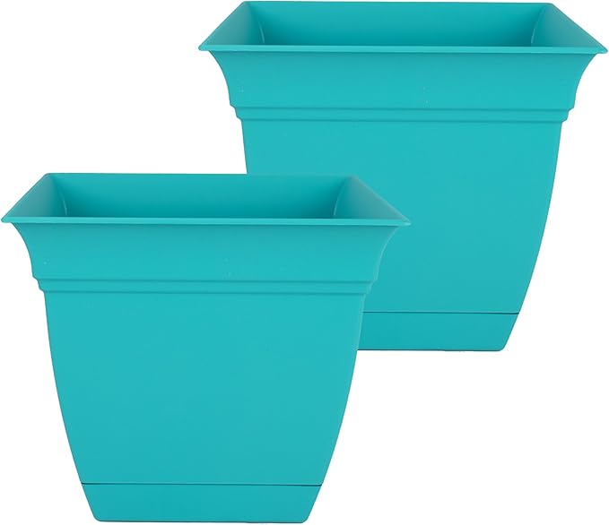 The HC Companies 12 Inch Eclipse Square Planter Pots with Drainage Holes & Attached Saucer, Lightweight UV-Resistant Plastic Indoor Outdoor Planters, 2-Pack Flower Pots for Garden & Home Decor, Teal