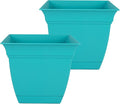 The HC Companies 10 Inch Eclipse Square Planter Pots with Drainage Holes & Attached Saucer, Lightweight UV-Resistant Plastic Indoor Outdoor Planters, 2-Pack Flower Pots for Garden & Home Decor, Teal