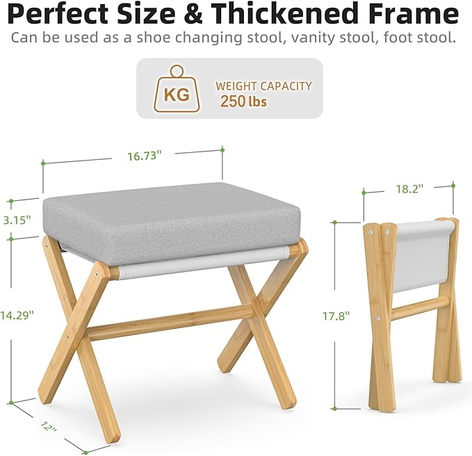 Foldable Foot Stool Ottoman, Modern Foot Rest with Bamboo X Legs & Thick Foam Cushion, Folding Foot Stools Small Padded for Bedroom Living Room, Footstool for Chair Couch (Natural - Grey)