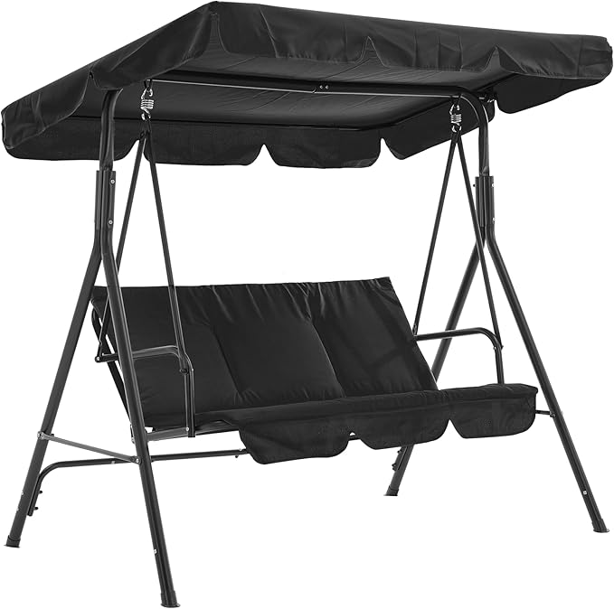 3 Person Porch Swing Chair,Outdoor Patio Swing Chair with Adjustable Canopy and Armrests,Breathable Fabric Seat & Backrest,Outdoor Swing for Backyard, Garden, 600 Lbs Max Load