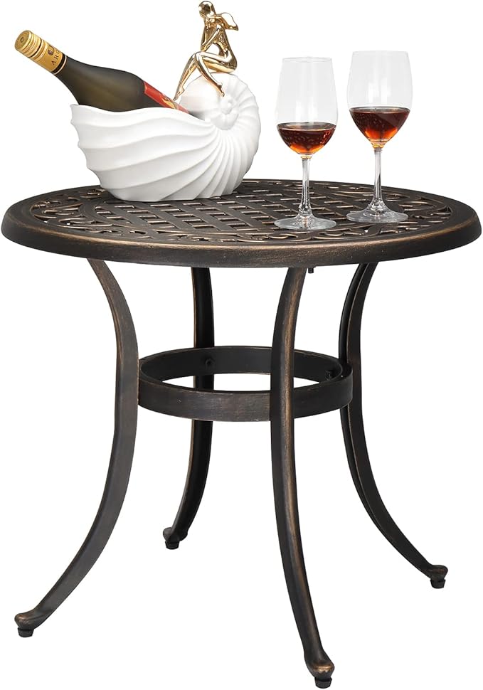 VINGLI 24” Cast Aluminum Outdoor Side Table, All Weather Round Patio Coffee Table Porch Table Bistro Table End Table Bronze 24'' Round Table