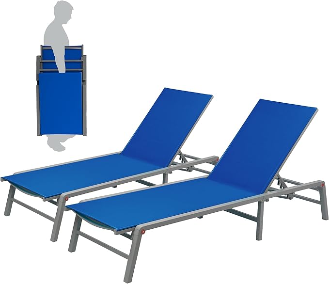 Kozyard 2-Pack Outdoor Lounge Chairs, Foldable Aluminum Frame Patio Chaise Lounge with 5-Position Adjustable Backrest, No Assembly, Breathable Textilene Fabric for Poolside Beach (Blue, Notable)
