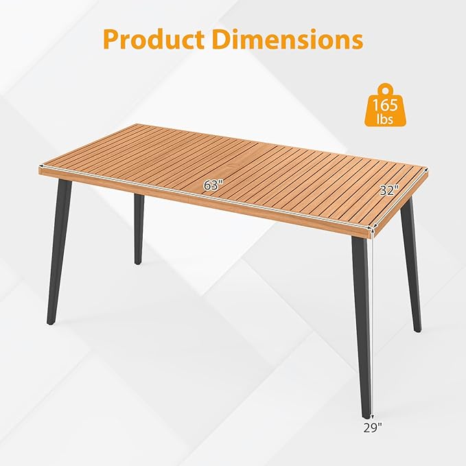 Tangkula 63" Acacia Wood Patio Dining Table for 6, Outdoor Dining Table with 1.97" Umbrella Hole & Metal Legs & Adjustable Foot Pads, Rectangular 6-Person Outside Table for Garden, Poolside & Backyard