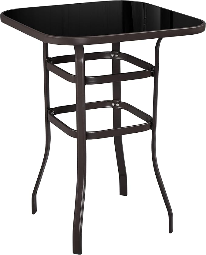 Yaheetech Patio Bar Table Tempered Glass, Height High Top Outdoor Pub Height Bistro Square Table for Paito Lawn Garden, Brown