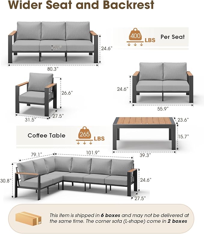 Aluminum Outdoor Patio Furniture Set 8 Seats, Outdoor Sectional Corner Sofa, Patio Conversation Sets with Coffee Table & Washable Thick Cushions, Outdoor Furniture for Backyard, Porch, Gray
