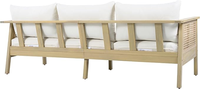 Christopher Knight Home Teras Acacia Wood Outdoor 3 Seater Sofa with PE Wicker Armrest, Solid Wood Patio Sofa with Removable Cushion, Comfy Lounge Sofa for Patio Furniture Set, Light Teak+Beige