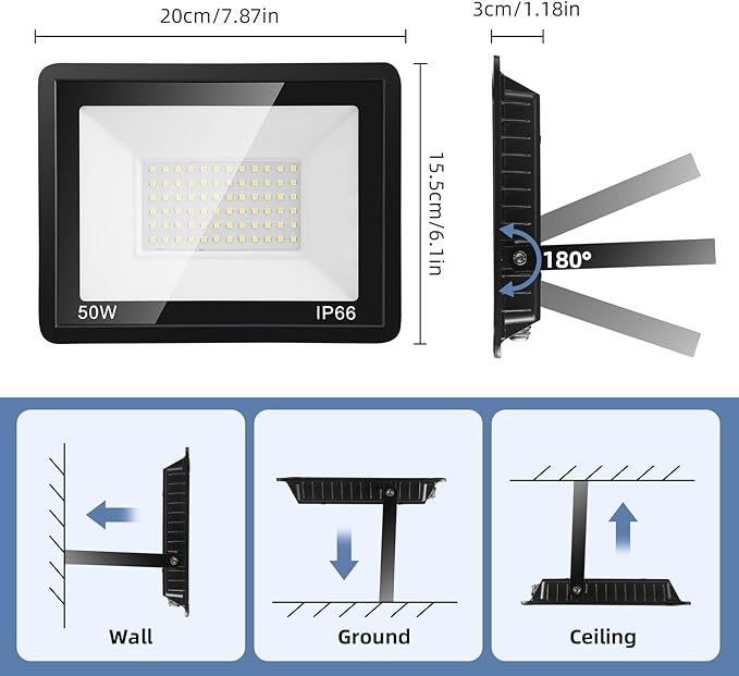 50W Flood Lights Outdoor,8000LM Bright LED Work Light,IP66 Waterproof Outside Lights for Yard with Switch and 6.5FT Plug,6500K Daylight White Outdoor Yard Light for Garage,Garden,Stadium(4Pack)