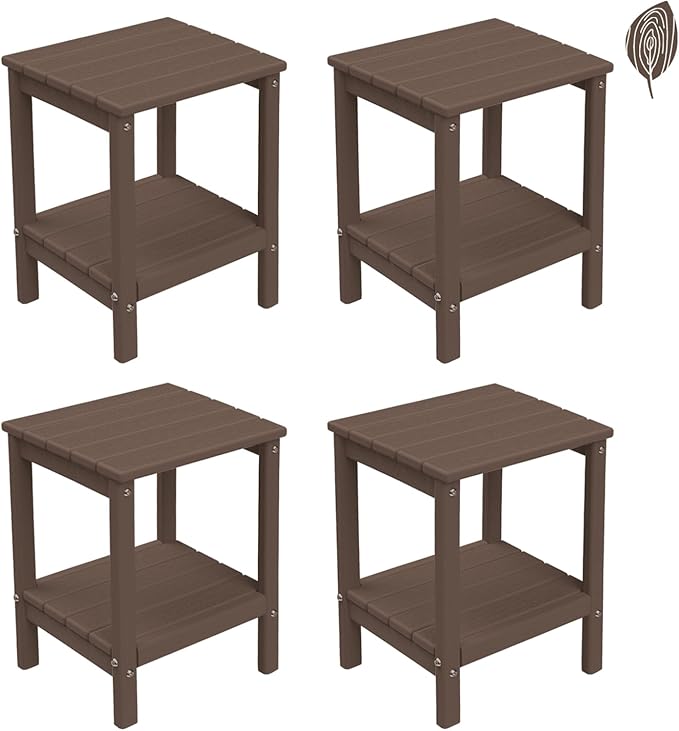 GREENVINES Adirondack-Outdoor-Side-Table | Set of 4 | Wood Grain | 14 x 13 Inches | HDPE Plastic | All Weather | Dark Brown | Outside End Tables | Storage Shelf | for Patio