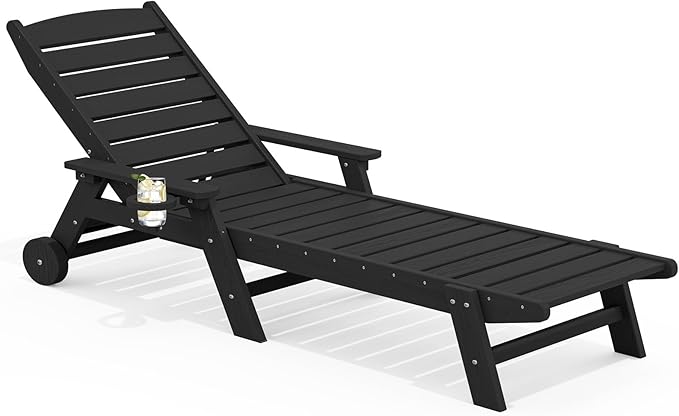 SERWALL Patio Chaise Lounge Chair, 78'' Long HDPE 5 Positions Adjustable Outdoor Lounger, Poly Lounge Chair with Rolling Wheels & Cup Holder for Pool, Obsidian Black