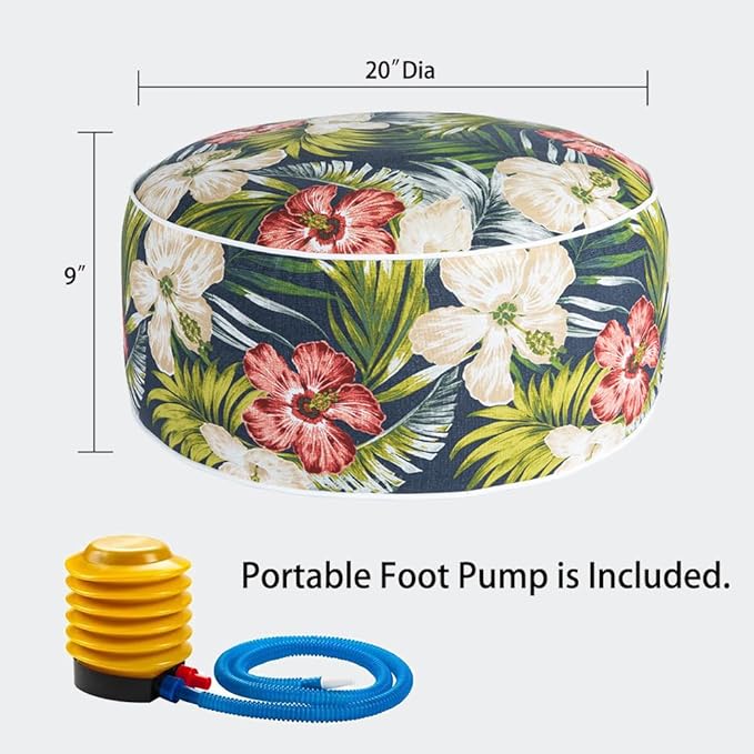 Magpie Fabrics Indoor/Outdoor Inflatable Stool Ottoman Pouf, Water Repellent Round Footrest Footstool with Foot Pump D20 xH9, Portable for Patio Garden Camping, Midnight Floral
