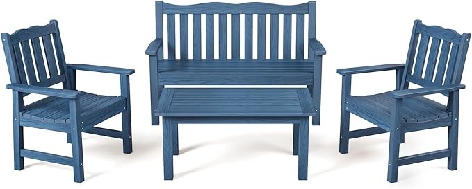 Stoog 4-Piece Patio Furniture Set, All-Weather HIPS Outdoor Dining Set, Includes 1 Bench, 2 Chairs, 1 Coffee Table, Blue