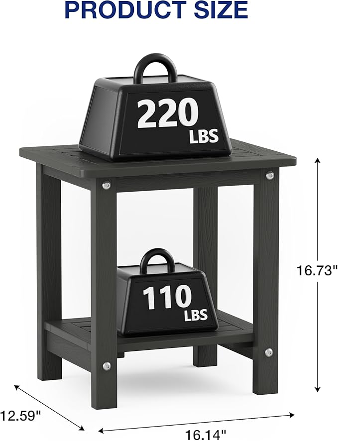 YEFU Outdoor Side Table for Patio: 16" HIPS Weather - Resistant Adirondack Tables - Waterproof Small Square End Tables for Backyard Living Room Bedroom - Indoor Outdoor Double Layer Table Dark Gray