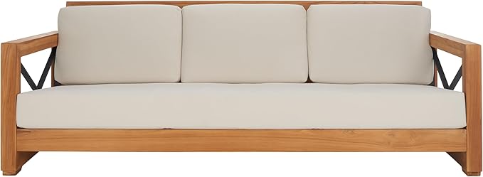 SAFAVIEH Couture Outdoor Patio Furniture Collection – Curacao 3-Seat Patio Sofa, Brazilian Teak Wood Frame with Removable White Cushions, Modern Outdoor Seating (CPT1010A)