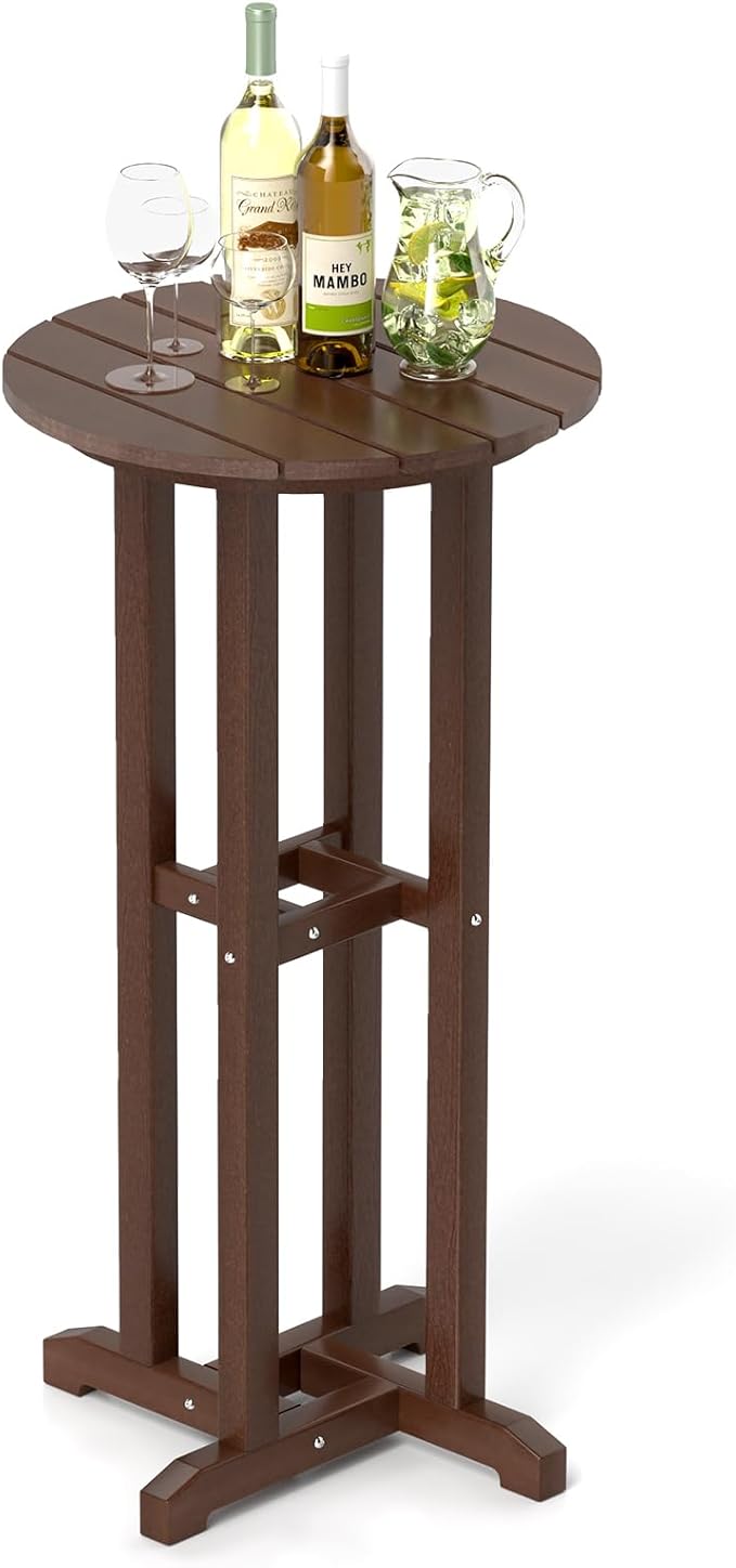 Tangkula 21.5" Round Bar Table, Patio HDPE Bar Height Dining Table w/Slatted Tabletop, Outdoor All-Weather High-Top Bistro Table for Poolside, Backyard, Balcony (Brown)