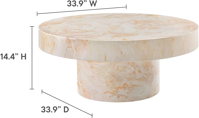 Modway Alora Round Concrete Coffee Table with Faux Stone Finish in Honey Onyx - Cement Accent Table for Living Room - Stone Patio Center Table - Indoor Outdoor 34 Inch Low Coffee Table