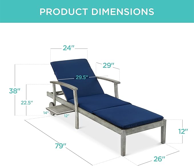 Best Choice Products 79x26in Acacia Wood Chaise Lounge Chair Recliner, Outdoor Furniture for Patio, Poolside w/Slide-Out Side Table, Foam-Padded Cushion, Adjustable Backrest, Wheels - Gray/Navy