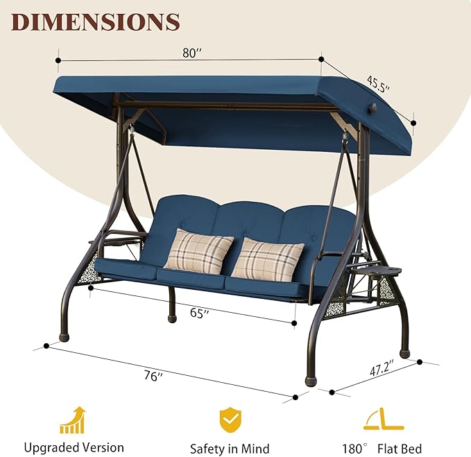 3-in-1 Convertible Outdoor Swing for Adults, Outdoor Porch Swing with Stand 800lb Bearing Capacity, 3-Seat Outdoor Swing with Canopy Adjustable, Thickened Cushions (Round, Blue)