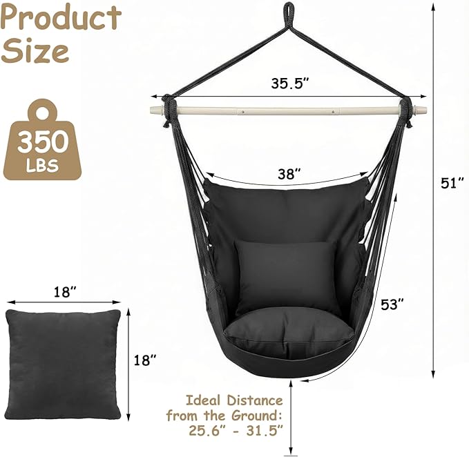 Athena Collection Hammock Chair Hanging Rope Swing Chair with 2 Cushions, Max 350 Lbs, Hanging Macrame Chair with Anti-Slip Grooves Spreader Bar and Pocket for Outdoor Indoor Patio Yard, Black