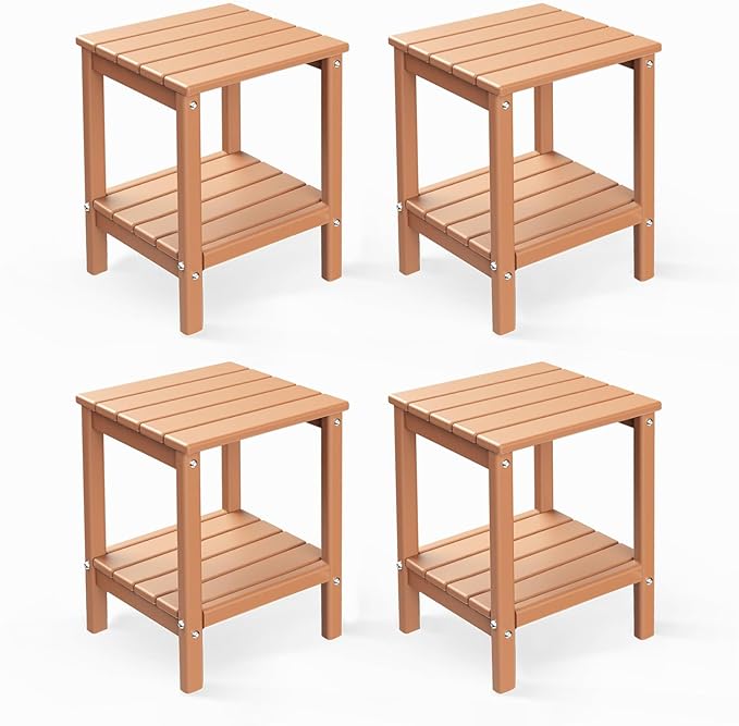 GREENVINES Adirondack-Outdoor-Side-Table | Set of 4 | 14 x 13 Inches | HDPE Plastic | All Weather | Teak | Outside End Tables | Storage Shelf | for Patio Porch Backyard Indoor