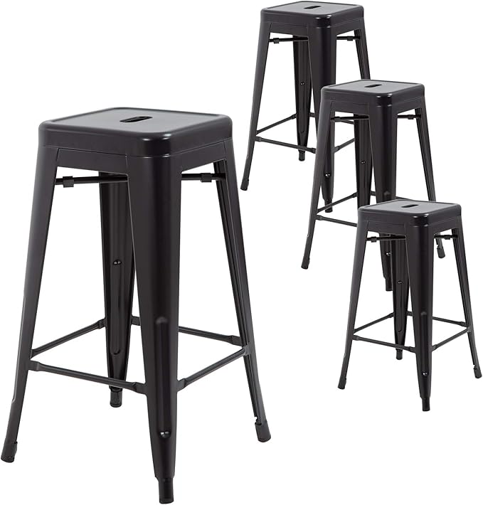 FDW Metal Bar Stools Set of 4 Counter Height Bar Stools 24 Inches Industrial Bar Chairs Patio Stool Stackable Backless Stool Indoor Outdoor Metal Kitchen Stools Bar Chairs (Black, 30")