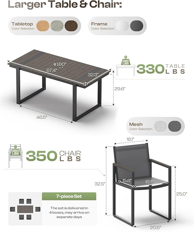 Outdoor Dining Table for 6, HDPS+ Aluminum Patio Dning Table with U-Shape Leg, Size: 67.4"*32.3"*29.6",Modern Rectangular Table for Lawn, Garden (Charcoal)