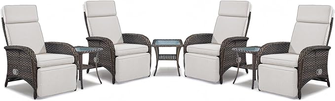 Belord 7 Piece Wicker Patio Furniture Set - 4 Adjustable Outdoor Recliner Chairs with 3 Side Table Patio Conversation Set,155° Lay Flat Chaise Lounge Chair Outdoor for Pool Deck Brown
