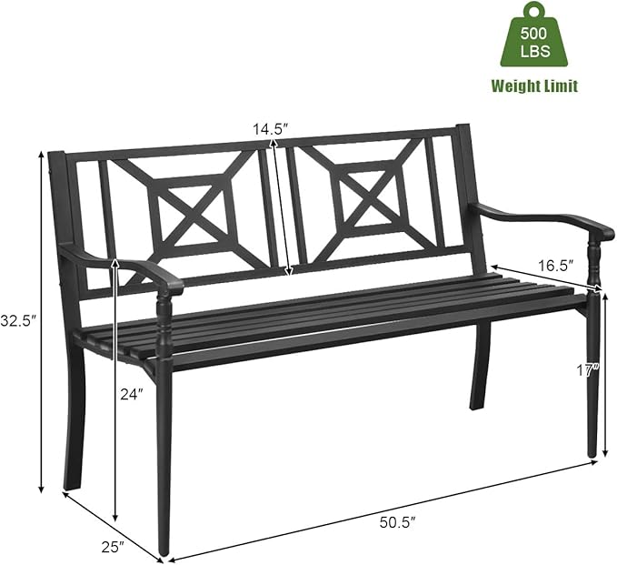 S AFSTAR Outdoor Garden Bench, Metal Porch Bench Seat with Slated Seat & Decorative Backrest, 2-Person Loveseat for Patio Garden, Powder Coated Iron Frame, Patio Bench Front Door Bench for Outside