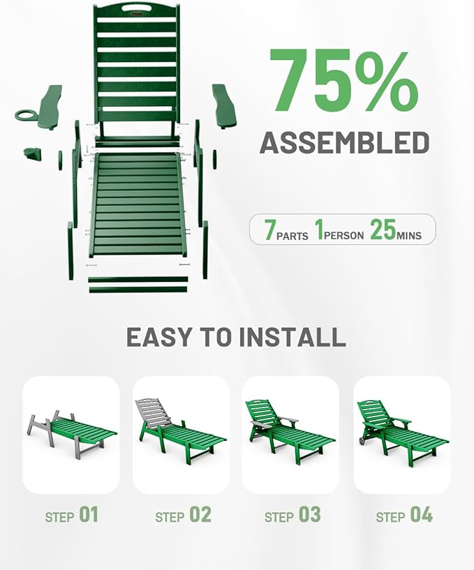 Lounge Chair Outdoor, Chaise Lounge Outdoor, HDPE 6-Position Lounge Chair for Outside, Patio Lounge Chair with Wheels & Cup Holder for Pool Poolside Deck Backyard, Green