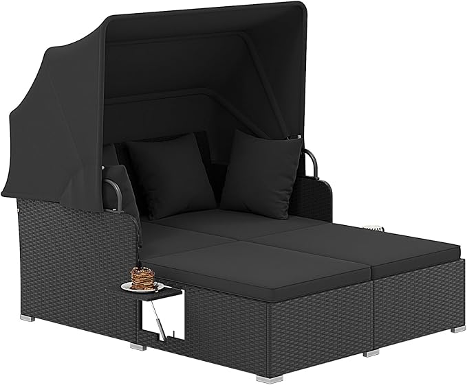 ORALNER Outdoor Daybed, 2-Person Wicker Patio Sofa with Retractable Canopy, Cushions & Pillows, 2 Side Trays, PE Rattan Double Sunbed Lounger for Deck Poolside Garden Balcony (Black)