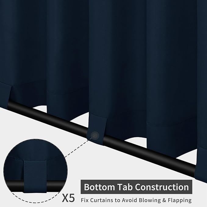 Easy-Going Outdoor Patio Curtains Detachable Tab Top Windproof Weatherproof Curtain for Cabana, Porch, Pergola and Gazebo, Tab Bottom Drape, 2 Panels, 110W x 84L inch, Navy