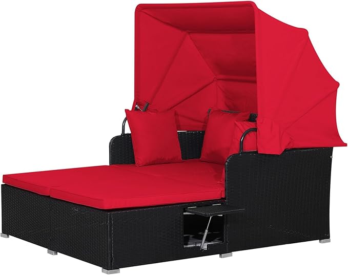 LDAILY Moccha Outdoor Daybed with Retractable Canopy, Wicker Cabana with 2 Side Tables & Soft Cushions,Hand-Woven PE Rattan Bed Lounger, Patio Sectional Furniture Set for Garden Backyard Porch (Red)