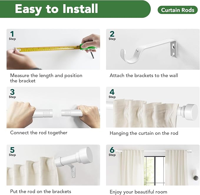 Curtain Rods for Windows 66 to 120, 1 Inch Adjustable White Extra Long Heavy Duty Curtain Rod, Modern Style Indoor Outdoor Window Drapery Rods with End Caps, Size 32" - 120"