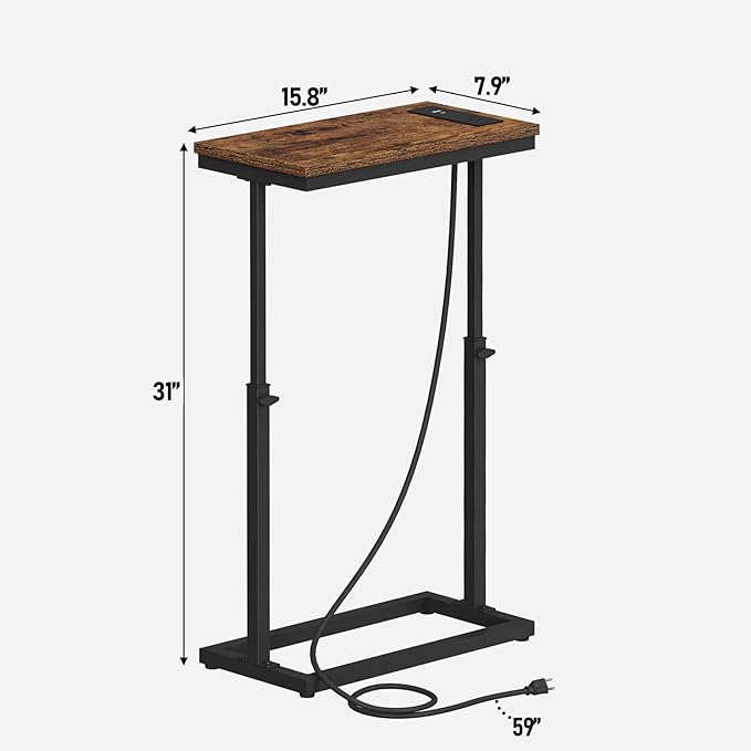 TUTOTAK End Table with Charging Station, Side Table, Tall Couch Table, Sofa Table, Living Room, Bedroom,Brown TB01BB084