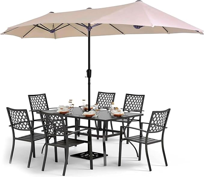 PHI VILLA 8 Piece Patio Dining Set with 13ft Double-Sided Patio Umbrella(Beige),Metal Outdoor Table Furniture Set with 6 Outdoor Stackable Chairs, 1 Rectangle Dining Table and 1 Large Beige Umbrella