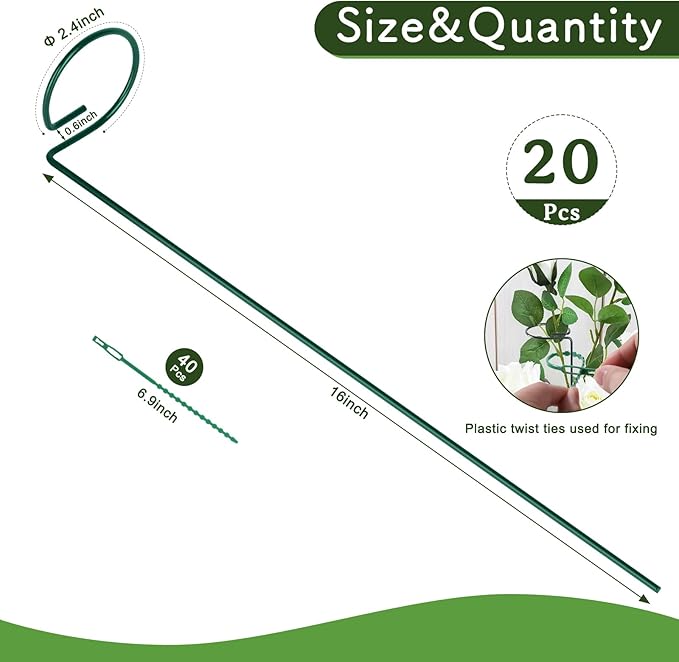 FEED GARDEN 16 Inch 20 Pack Plant Support Stakes, Metal Garden Flower Stakes and Supports for Outdoor Plants, Plant Stem Support with 40 Twist Ties for Amaryllis Lily Rose Peony Tomatoes Gladiolus