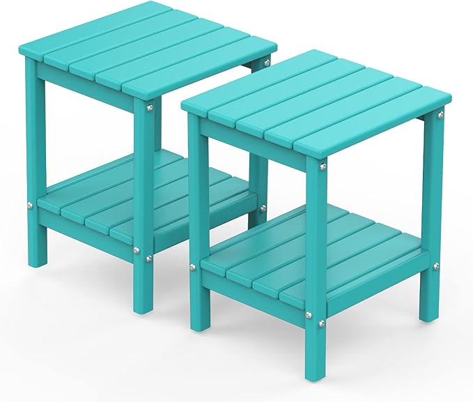 GREENVINES Adirondack-Outdoor-Side-Table | Set of 2 | 14 x 13 Inches | HDPE Plastic | All Weather | Aqua | Outside End Tables | Storage Shelf | for Patio Porch Backyard Indoor